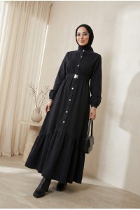 Lastik Kemerli Düğmeli Uzun Kot Elbise -Siyah