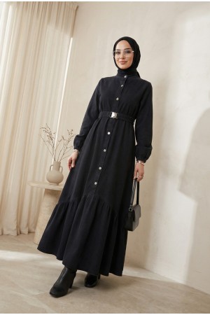 Lastik Kemerli Düğmeli Uzun Kot Elbise -Siyah