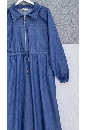 فستان جينز من قماش التنسل بنصف سحاب ورباط وجيوب -اللون النيلي