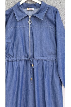 فستان جينز من قماش التنسل بنصف سحاب ورباط وجيوب -اللون النيلي
