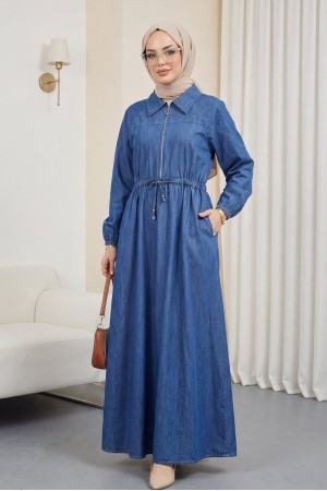 فستان جينز من قماش التنسل بنصف سحاب ورباط وجيوب -اللون النيلي