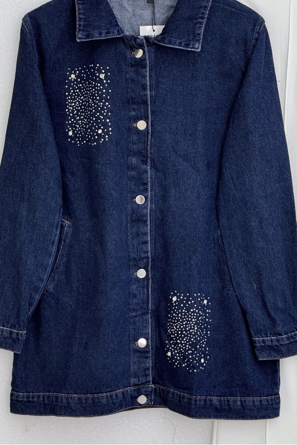 Stone Detailed Double Pocket Denim Jacket    -Navy blue