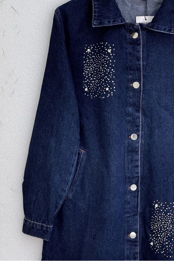 Stone Detailed Double Pocket Denim Jacket    -Navy blue
