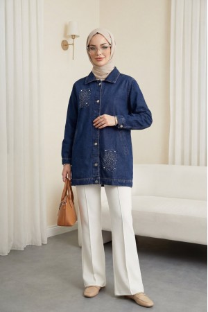 Önü Taş Detaylı Çift Cepli Kot Ceket    -Laci