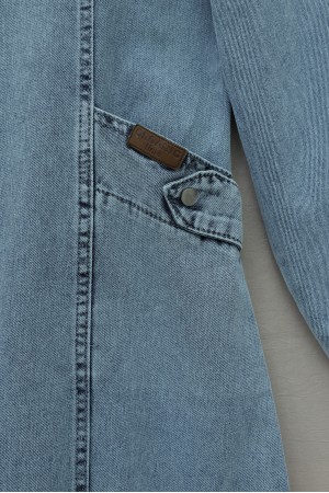 Kapşonlu Cepli Kolu Lastikli Önü Fermuarlı Kot Kap -Buz Mavi