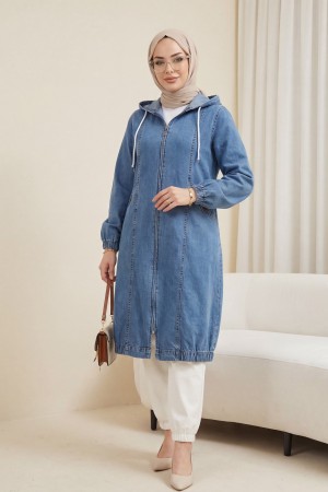 Hooded denim jacket with pockets, elasticated cuffs, and front zip closure. -Ice Blue