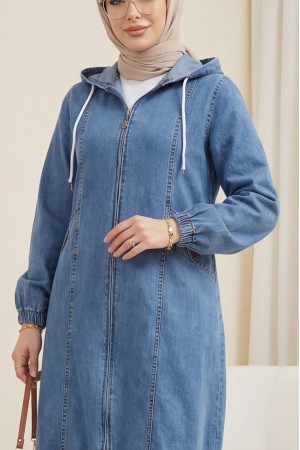 Kapşonlu Cepli Kolu Lastikli Önü Fermuarlı Kot Kap -Buz Mavi