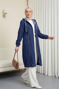 Kapşonlu Cepli Kolu Lastikli Önü Fermuarlı Kot Kap -Laci