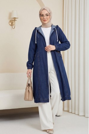 Kapşonlu Cepli Kolu Lastikli Önü Fermuarlı Kot Kap -Laci