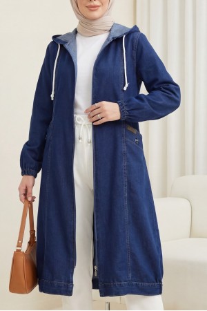 Kapşonlu Cepli Kolu Lastikli Önü Fermuarlı Kot Kap -Laci