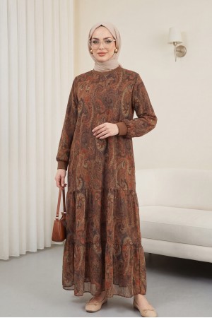 نمط العرقية تنورة قطعة اصطف فستان شيفون  -قهوة مفتوحة