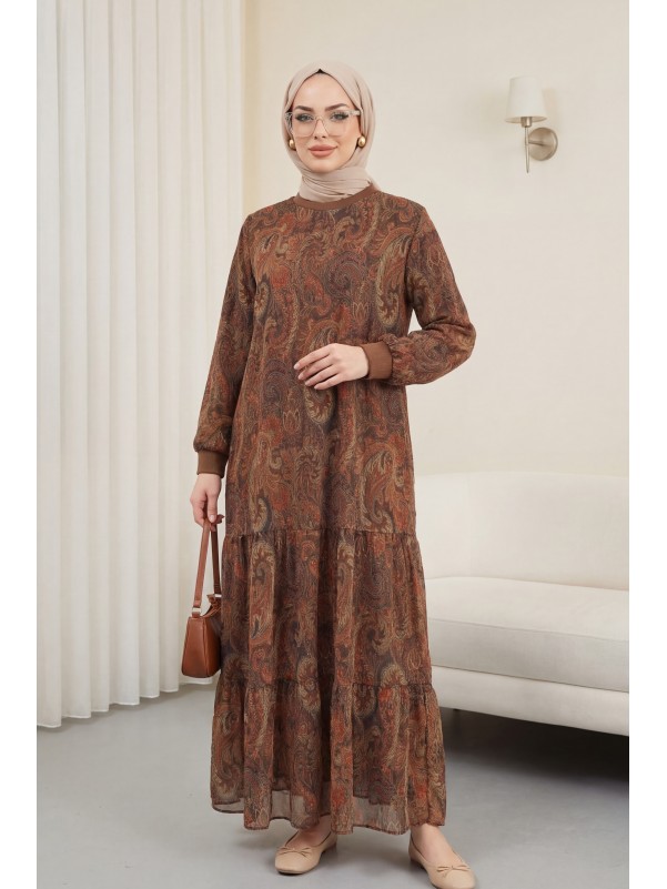 Batik Baskılı Astarlı Şifon Elbise