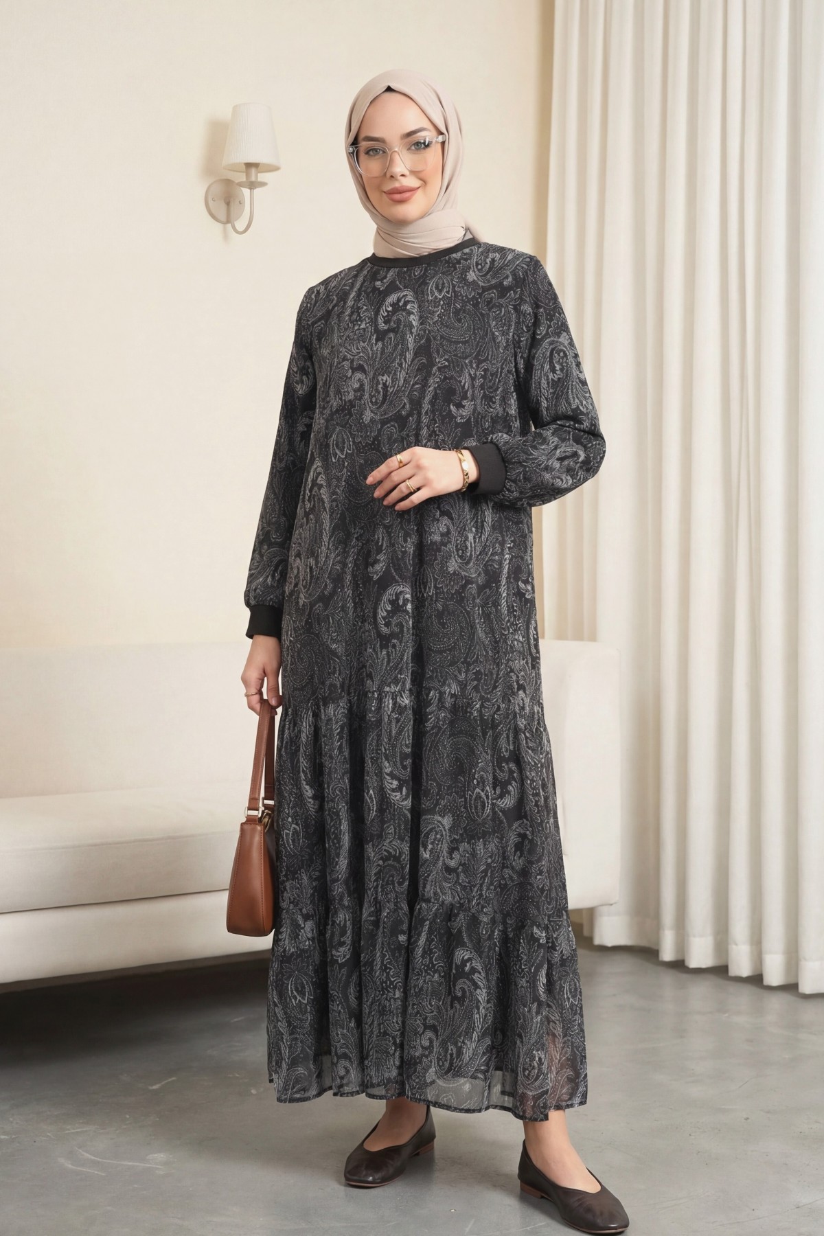 Ethnic Pattern Skirt Piece Lined Chiffon Dress  -Anthracite