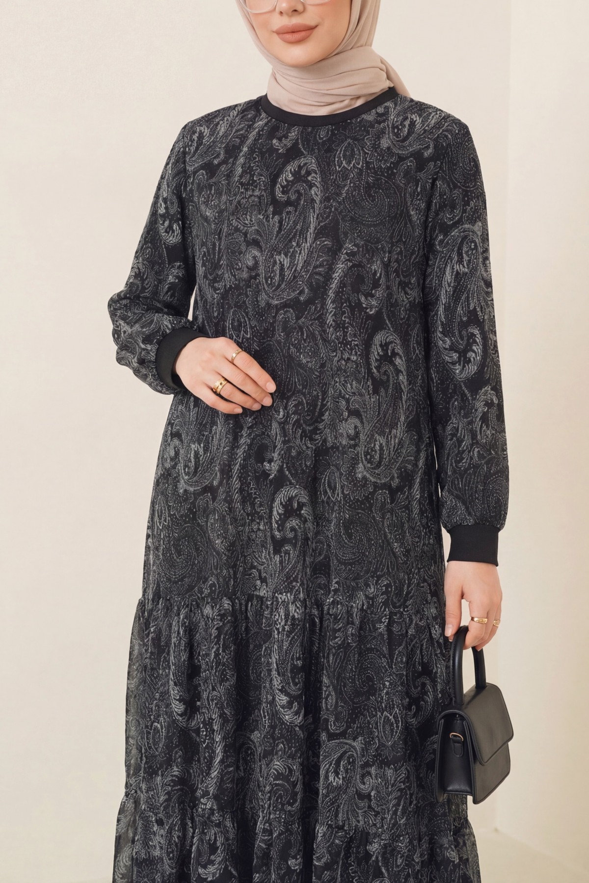 Ethnic Pattern Skirt Piece Lined Chiffon Dress  -Anthracite