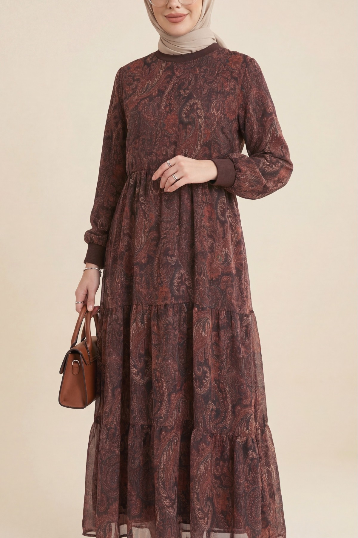 Ethnic Pattern Skirt Piece Lined Chiffon Dress  -Damson