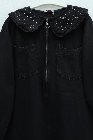 Bebe Yaka Yarım Fermuarlı İnci Detaylı Kemerli Kot Elbise  -Siyah