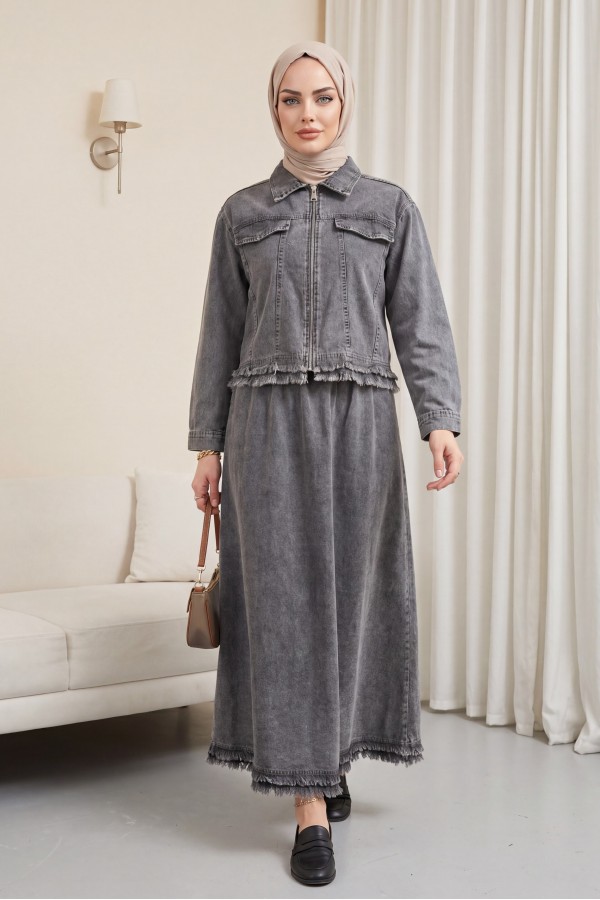 Denim suit with tassel detail, front zipper, and pocket detail. -Smoked 