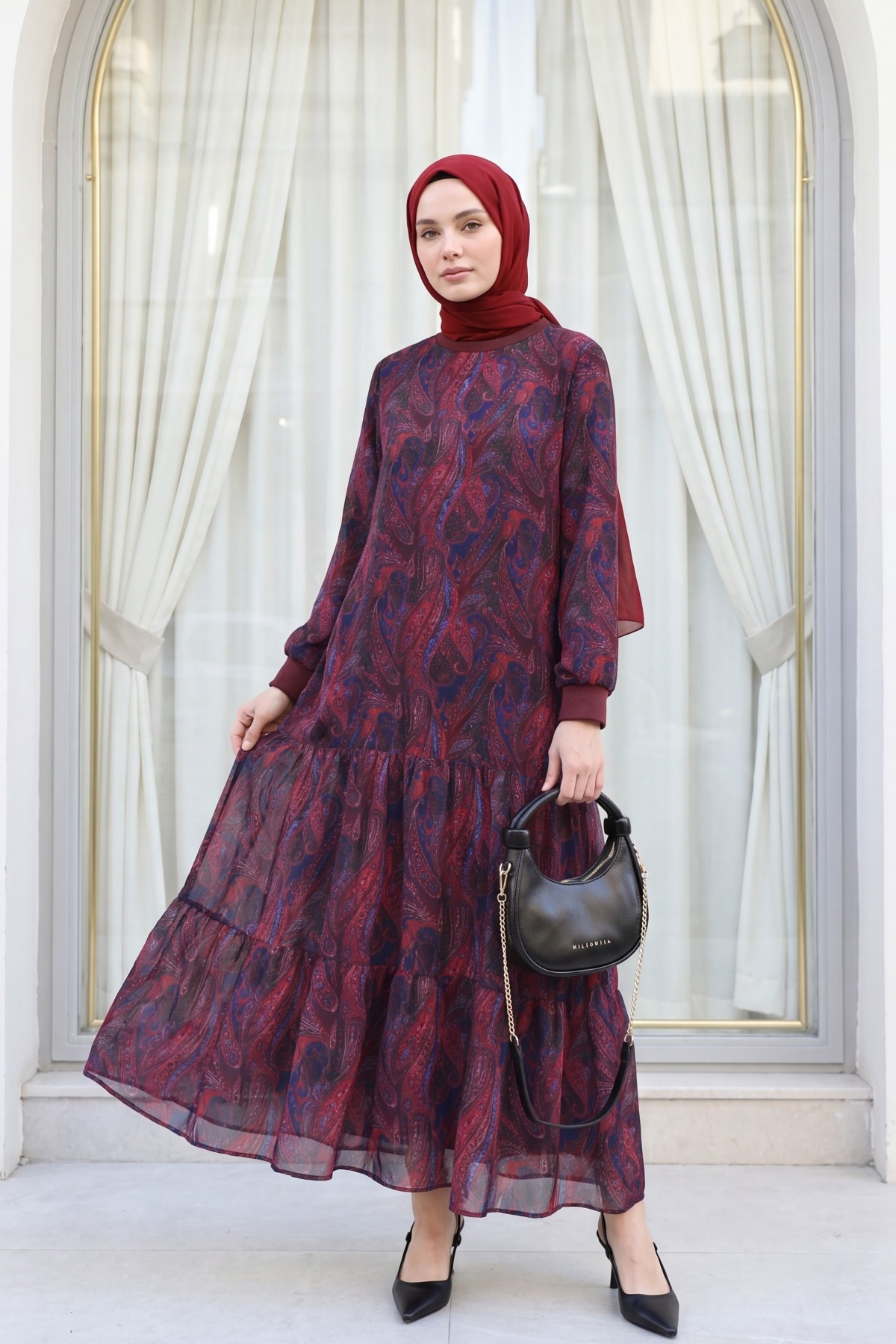 Ethnic Pattern Skirt Piece Lined Chiffon Dress   -Maroon