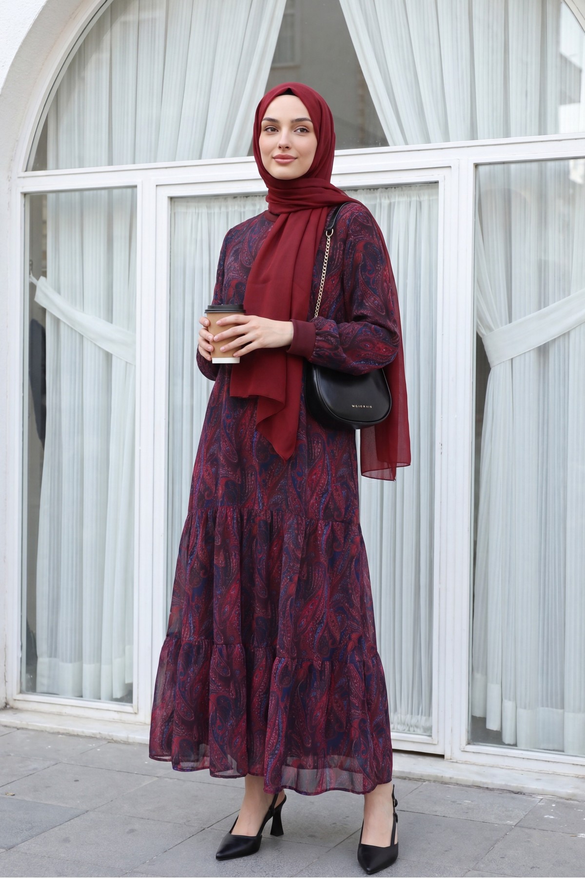 Ethnic Pattern Skirt Piece Lined Chiffon Dress   -Maroon