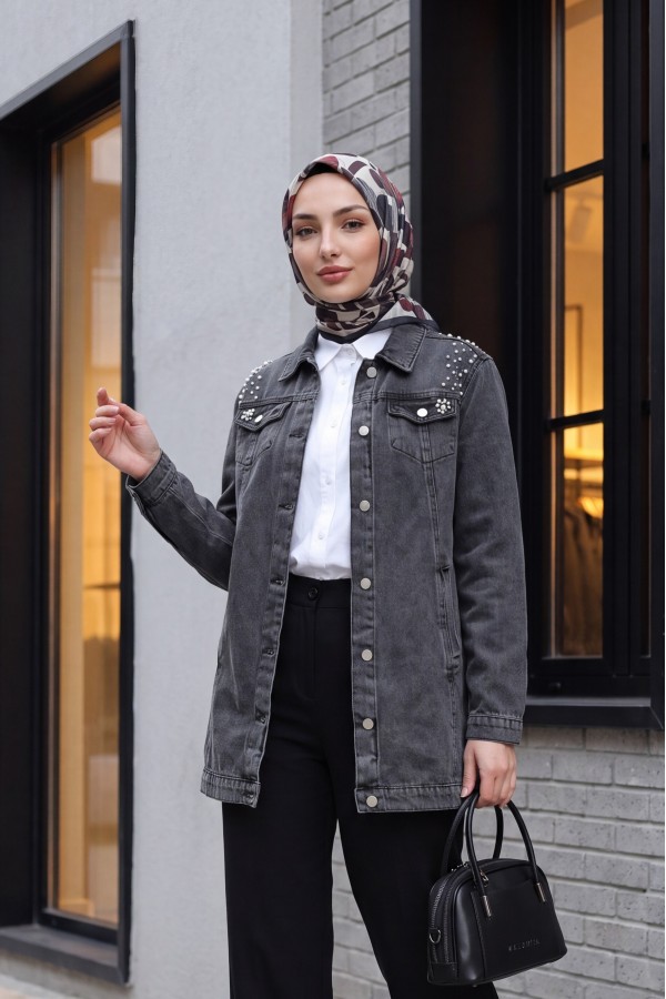 Taş İşlemeli Yıkamalı Kot Ceket    -Füme
