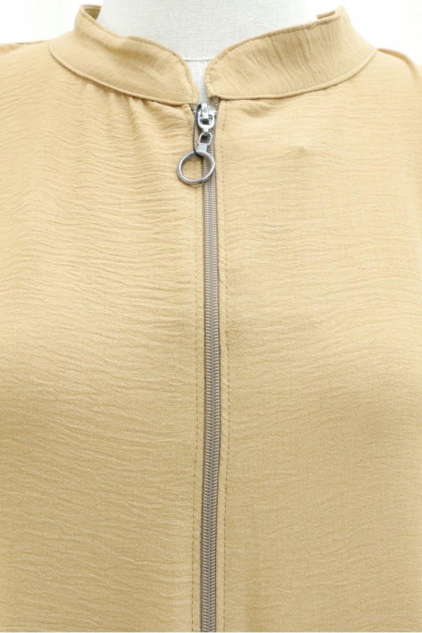 Ayrobin Abaya with Elasticated Sleeves and Zipper from the Neck  -Cinnamon