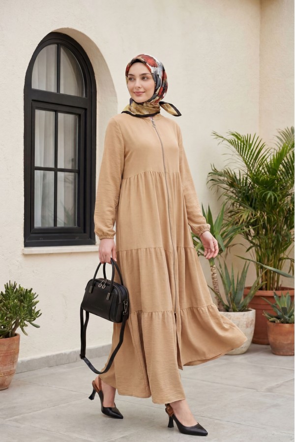 Ayrobin Abaya with Elasticated Sleeves and Zipper from the Neck  -Cinnamon