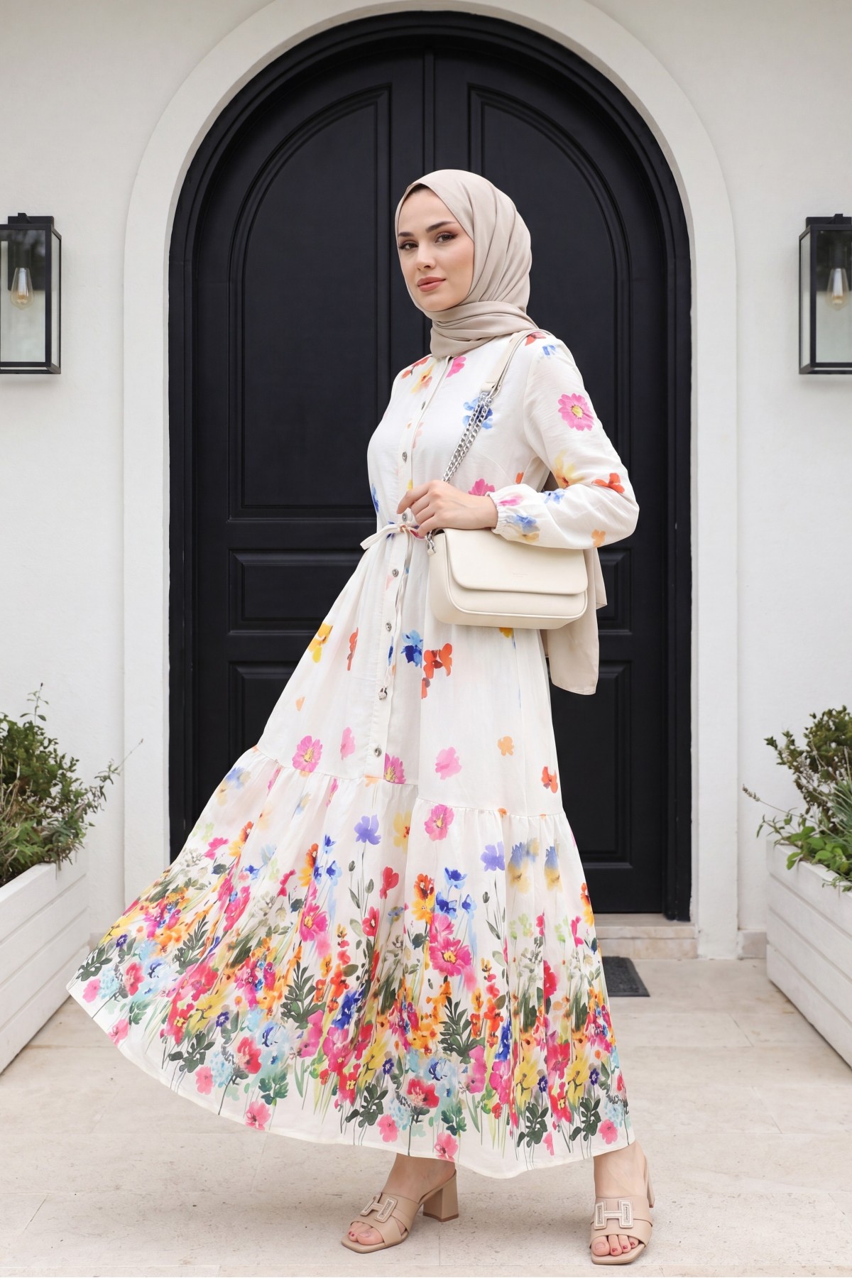 Floral Patterned Polycotton Dress with Elasticated Sleeves, Half Button Closure and Belt -Ecru
