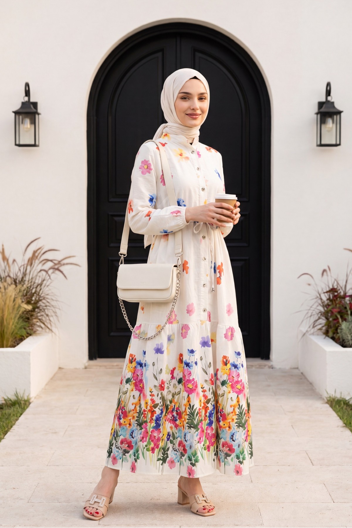 Floral Patterned Polycotton Dress with Elasticated Sleeves, Half Button Closure and Belt -Ecru detay görseli