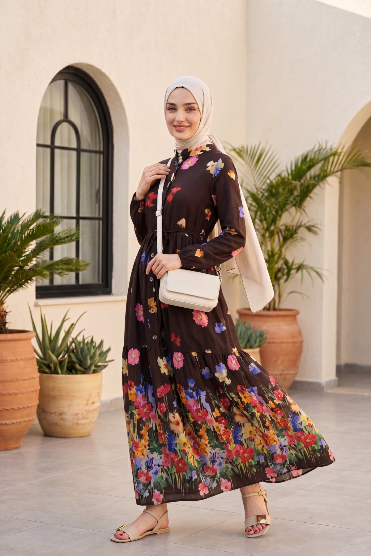 Floral Patterned Polycotton Dress with Elasticated Sleeves, Half Button Closure and Belt -Brown