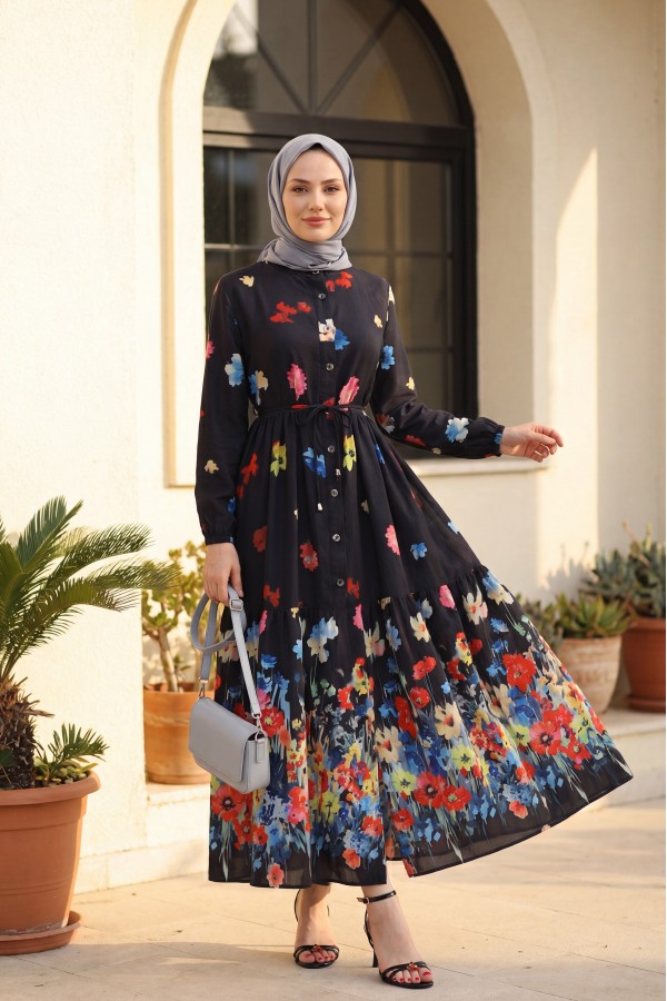 Floral Patterned Polycotton Dress with Elasticated Sleeves, Half Button Closure and Belt -Black