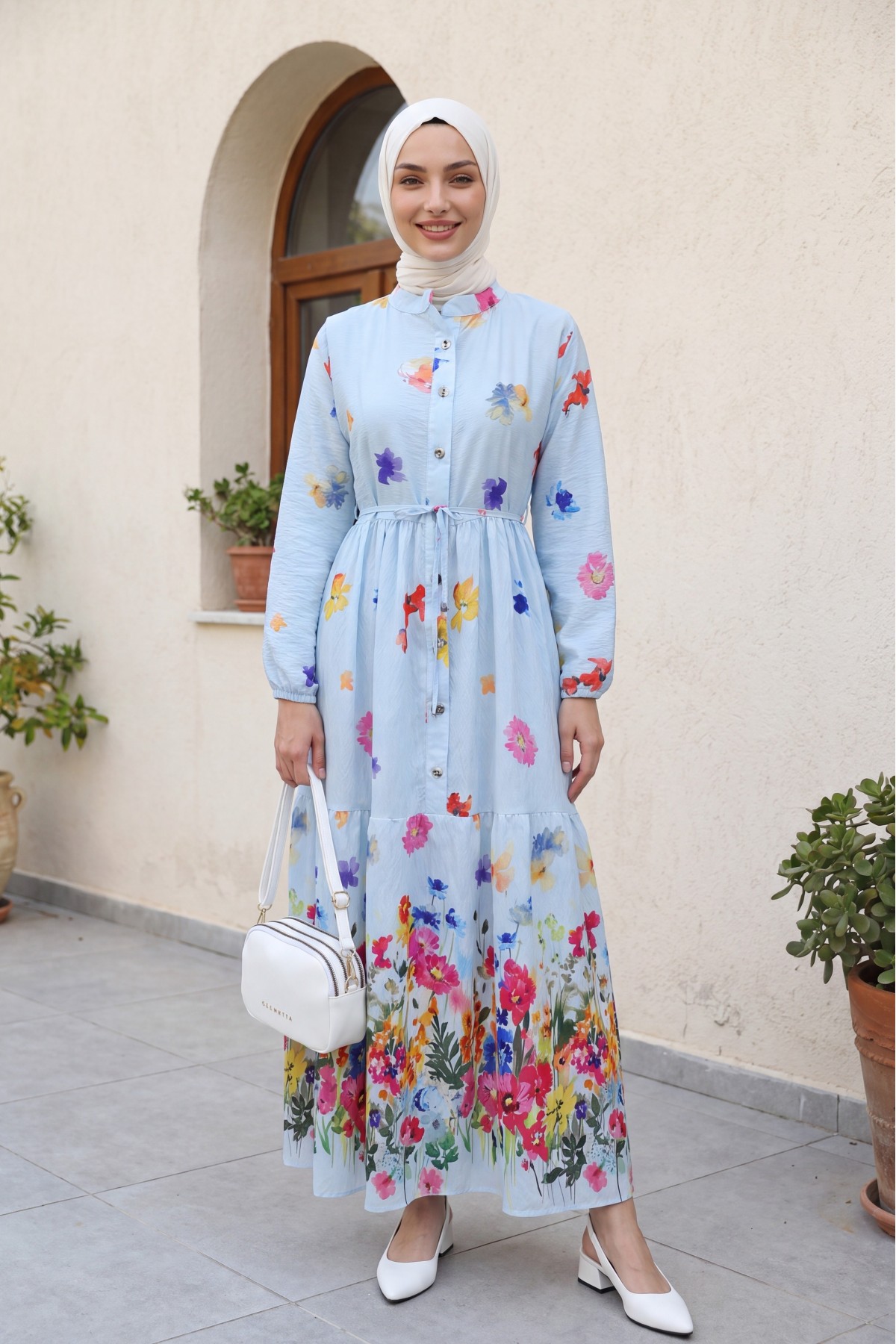 Floral Patterned Polycotton Dress with Elasticated Sleeves, Half Button Closure and Belt  -Baby Blue