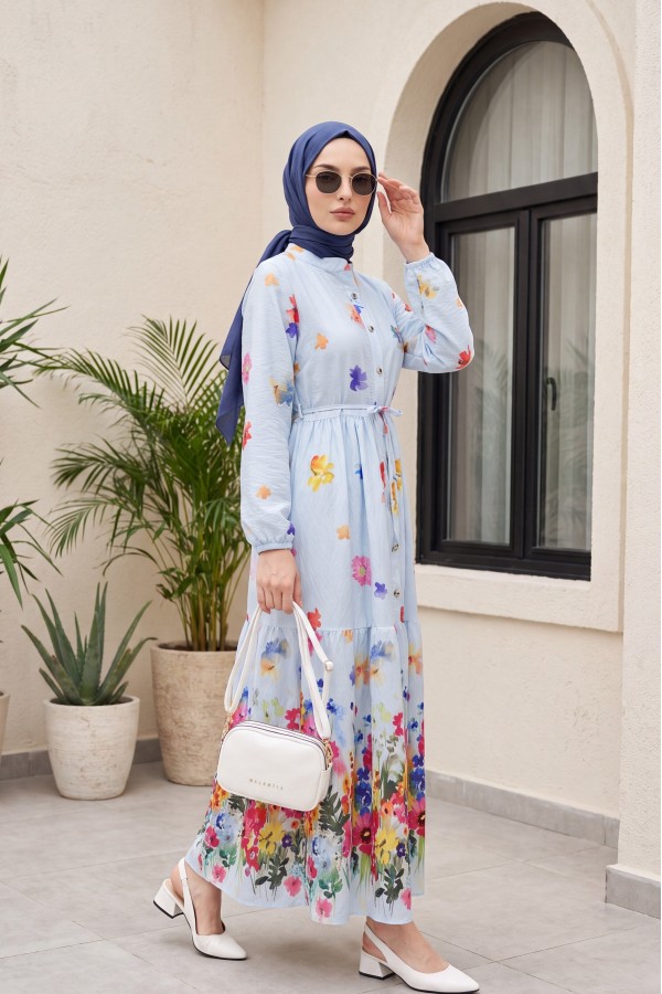 Floral Patterned Polycotton Dress with Elasticated Sleeves, Half Button Closure and Belt  -Baby Blue