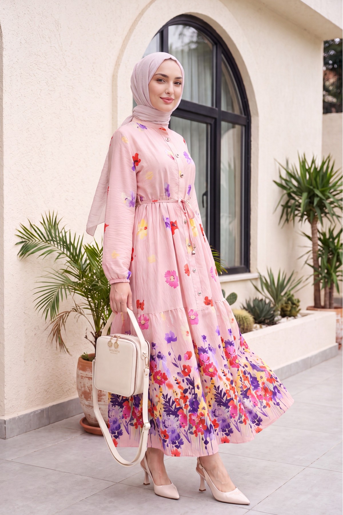 Floral Patterned Polycotton Dress with Elasticated Sleeves, Half Button Closure and Belt  -Powder