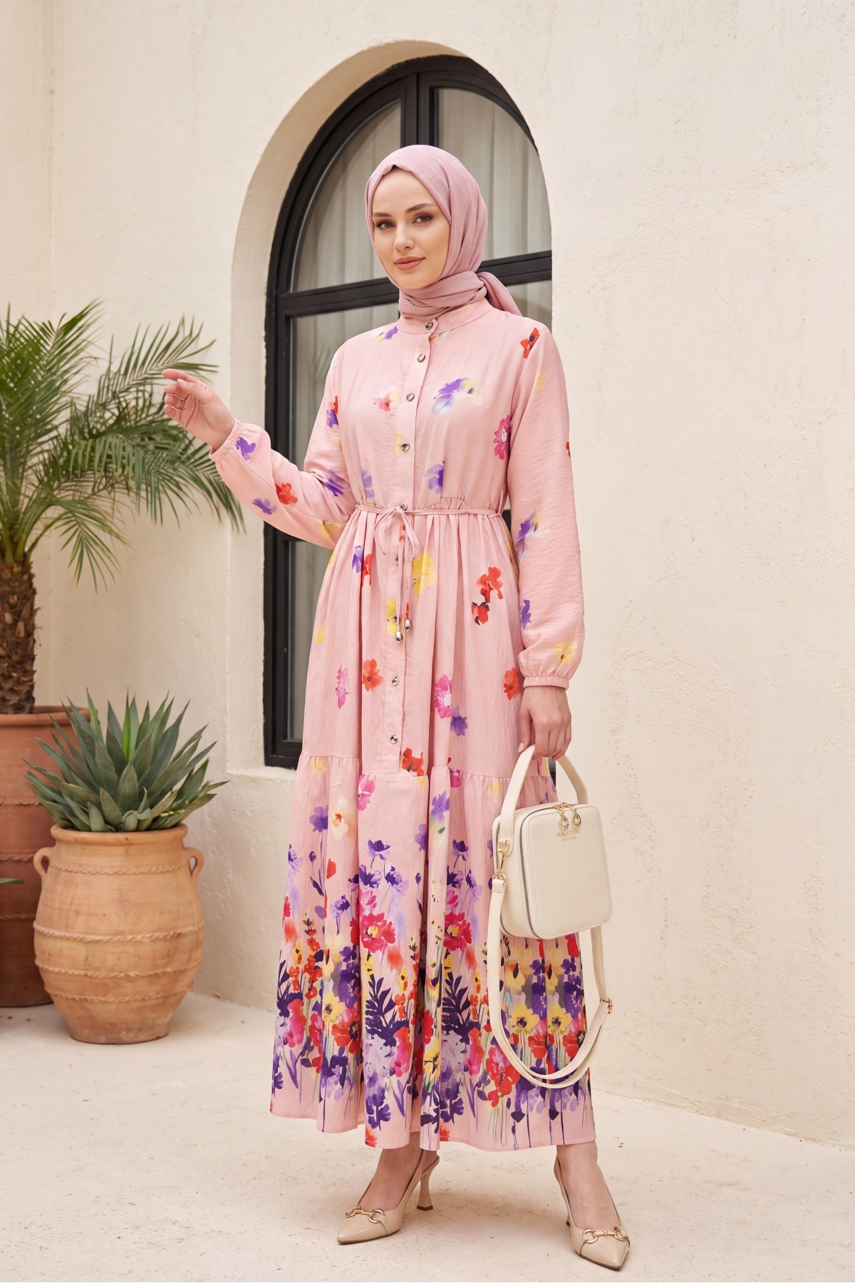 Floral Patterned Polycotton Dress with Elasticated Sleeves, Half Button Closure and Belt  -Powder