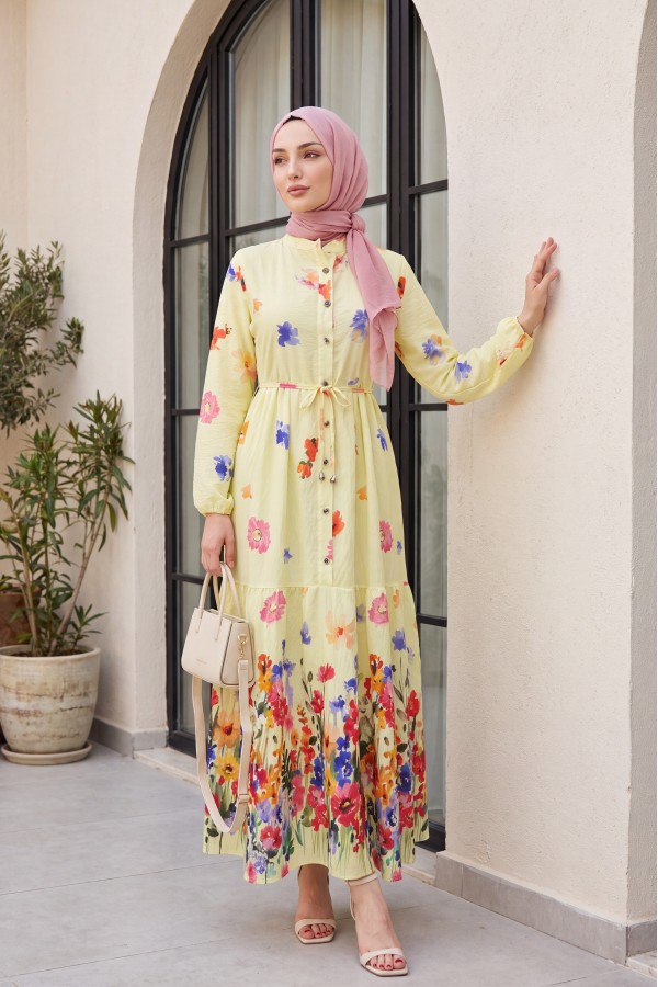 Floral Patterned Polycotton Dress with Elasticated Sleeves, Half Button Closure and Belt  -Yellow