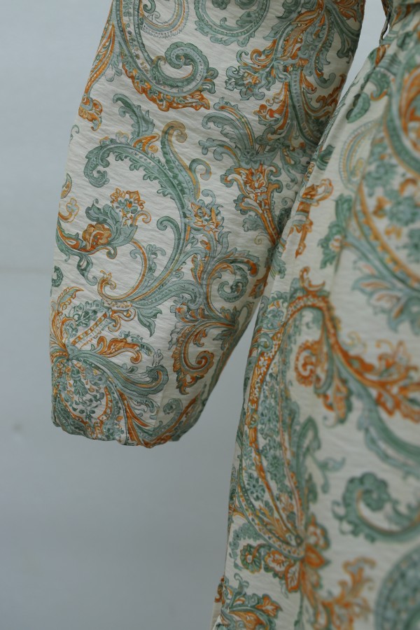 Mandarin Collar Half-Button Mixed Patterned Polycotton Dress with Elasticated Sleeves -Cagla Green
