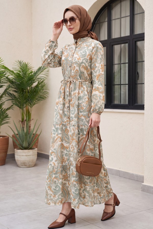 Mandarin Collar Half-Button Mixed Patterned Polycotton Dress with Elasticated Sleeves -Cagla Green