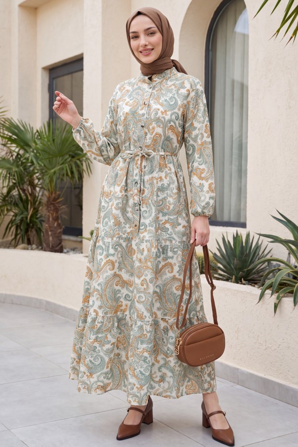 Mandarin Collar Half-Button Mixed Patterned Polycotton Dress with Elasticated Sleeves -Cagla Green