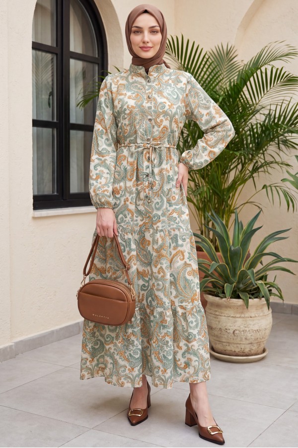 Mandarin Collar Half-Button Mixed Patterned Polycotton Dress with Elasticated Sleeves -Cagla Green