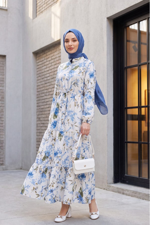Mandarin Collar Half-Button Mixed Patterned Polycotton Dress with Elasticated Sleeves -İndigo