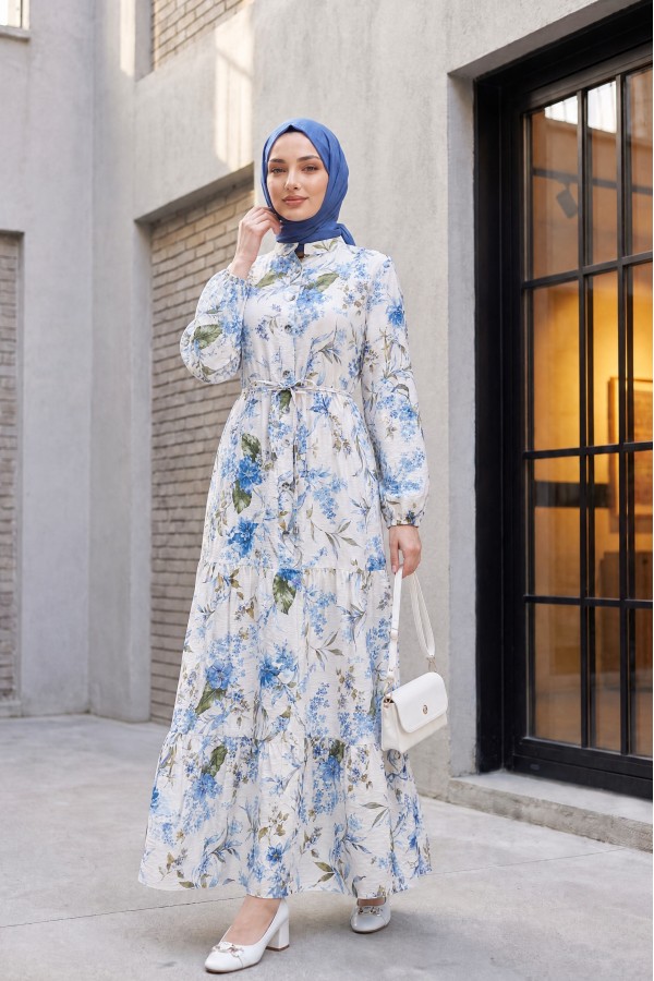 Mandarin Collar Half-Button Mixed Patterned Polycotton Dress with Elasticated Sleeves -İndigo