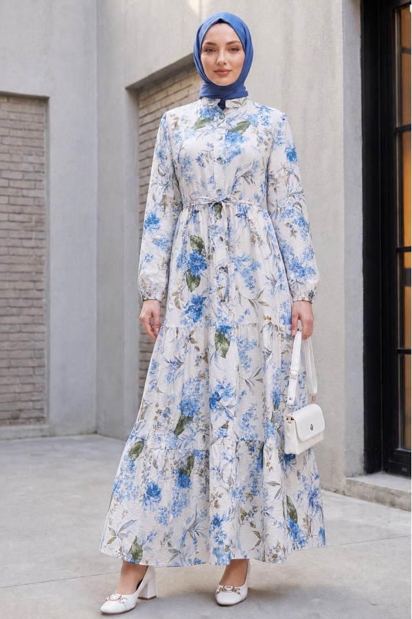 Mandarin Collar Half-Button Mixed Patterned Polycotton Dress with Elasticated Sleeves -İndigo