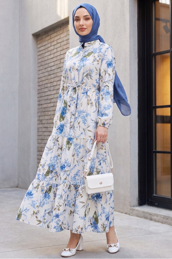Mandarin Collar Half-Button Mixed Patterned Polycotton Dress with Elasticated Sleeves -İndigo