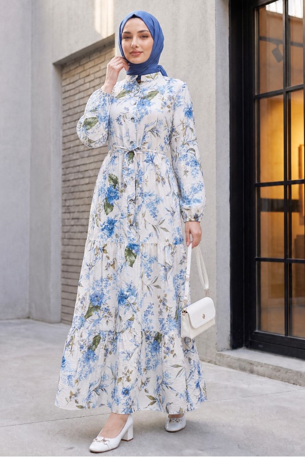 Mandarin Collar Half-Button Mixed Patterned Polycotton Dress with Elasticated Sleeves -İndigo