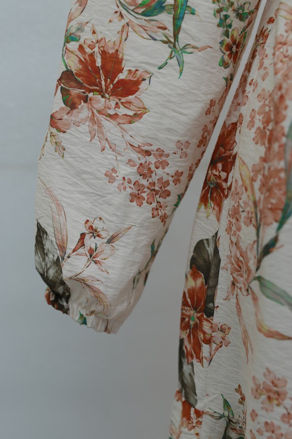Mandarin Collar Half-Button Mixed Patterned Polycotton Dress with Elasticated Sleeves -Cream color
