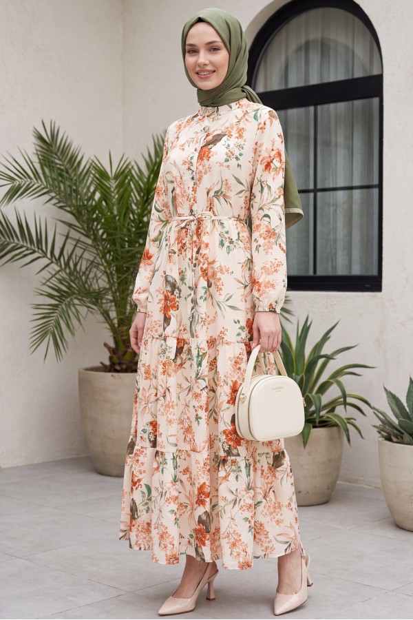 Mandarin Collar Half-Button Mixed Patterned Polycotton Dress with Elasticated Sleeves -Cream color