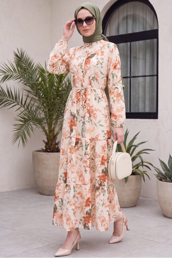 Mandarin Collar Half-Button Mixed Patterned Polycotton Dress with Elasticated Sleeves -Cream color