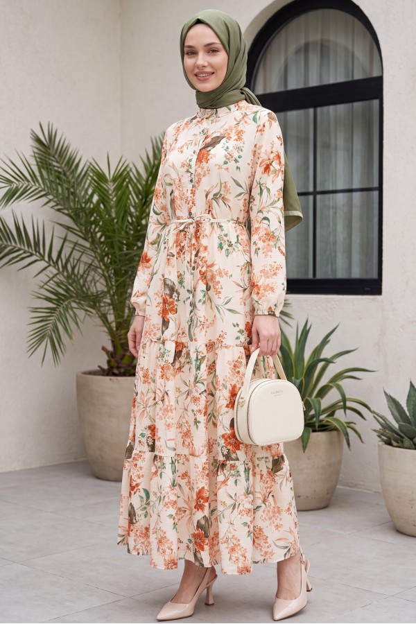 Mandarin Collar Half-Button Mixed Patterned Polycotton Dress with Elasticated Sleeves -Cream color