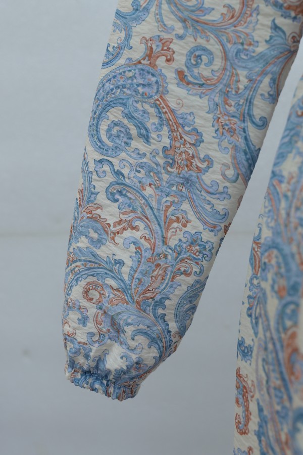 Mandarin Collar Half-Button Mixed Patterned Polycotton Dress with Elasticated Sleeves -Blue