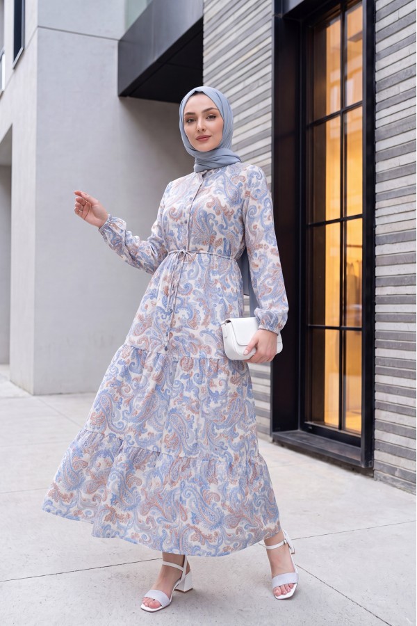Mandarin Collar Half-Button Mixed Patterned Polycotton Dress with Elasticated Sleeves -Blue
